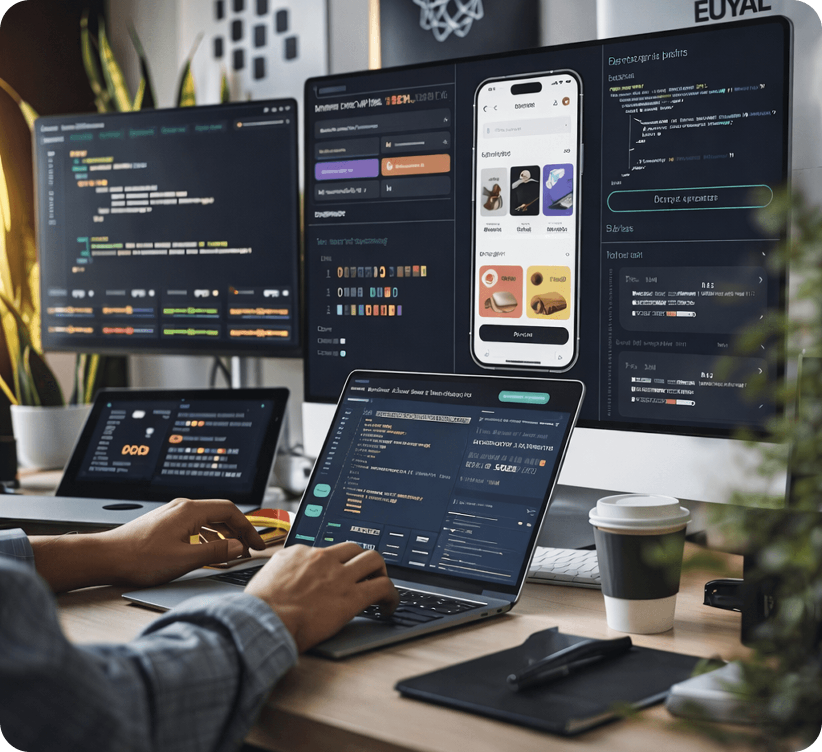 Man Using Laptop with Monitor