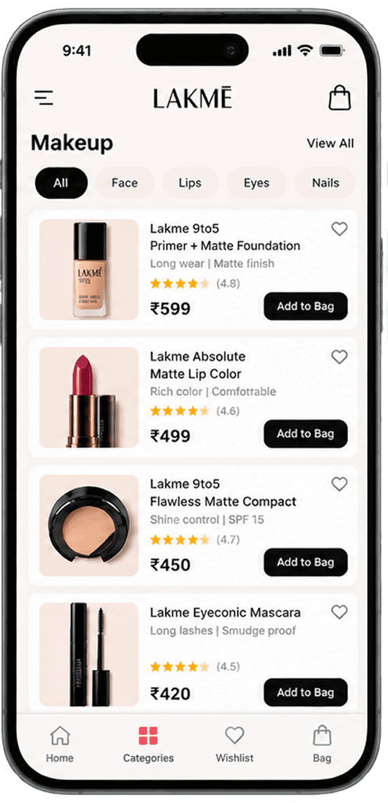 Lakme mobile app makeup category screen