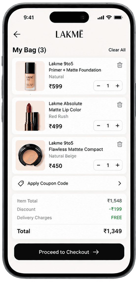 Lakme mobile app cart checkout screen